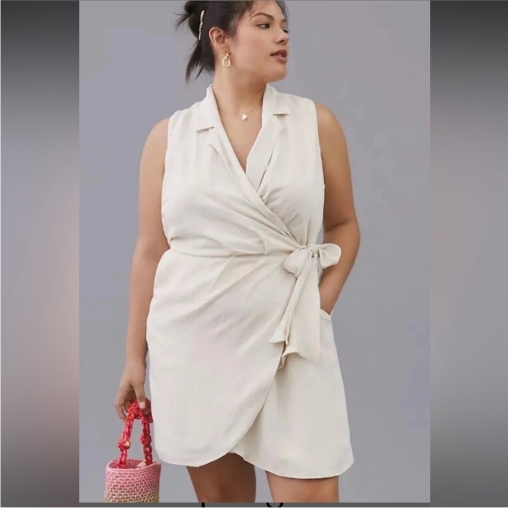 Anthropologie Cream Linen Blend Wrap Mini Dress, Size Extra Small